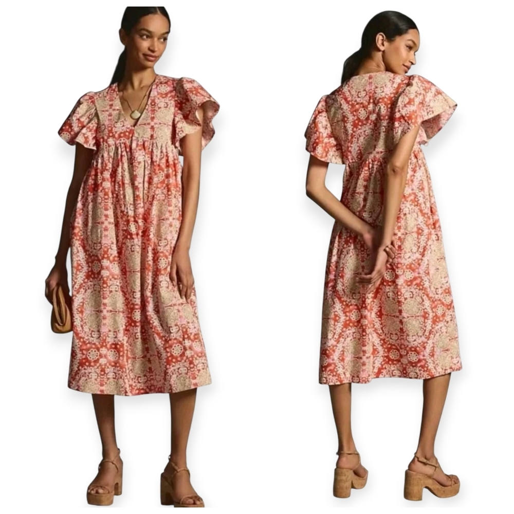 Anthropologie Maeve Printed Flutter-Sleeve Babydoll Dress Red Off White Size XS